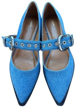 New Maeve  / Anthropology Blue Denim Pointed Mary Jane Flats with Buckle Strap